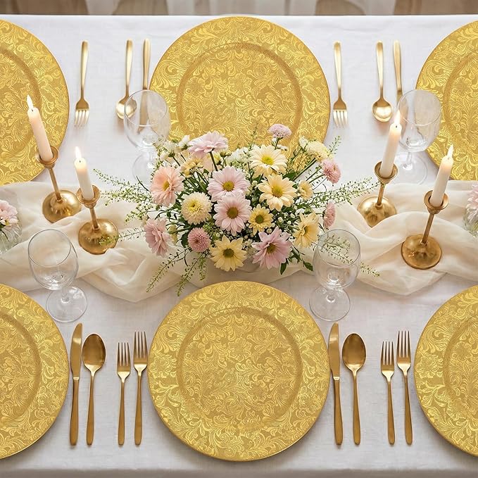 ZOOFOX 12 Pack Gold Charger Plates, 13" Plastic Round Antique Plate Chargers for Dinner Plates, Floral Charger Plates for Wedding Dinner Party Table Setting Decor