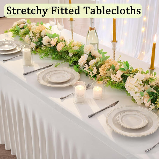 6pk Ivory Spandex Tablecloth for 8 Foot Rectangle Tables, Stretch Table Cloths 8ft Fitted Tablecover Desk Skirt for Parties Weddings Birthday Banquet Baby Shower