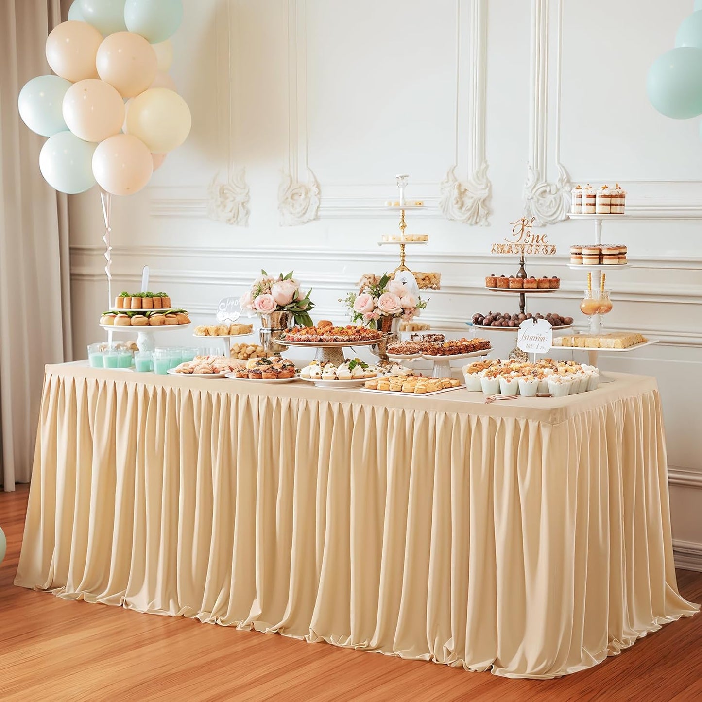 Deep Champagne Polyester Table Clothes for 4 Foot Rectangle Tables, Wrinkle Free Fitted Table Cover with Pleated Ruffle Table Skirt for Birthday Party Wedding Trade Show Event Display