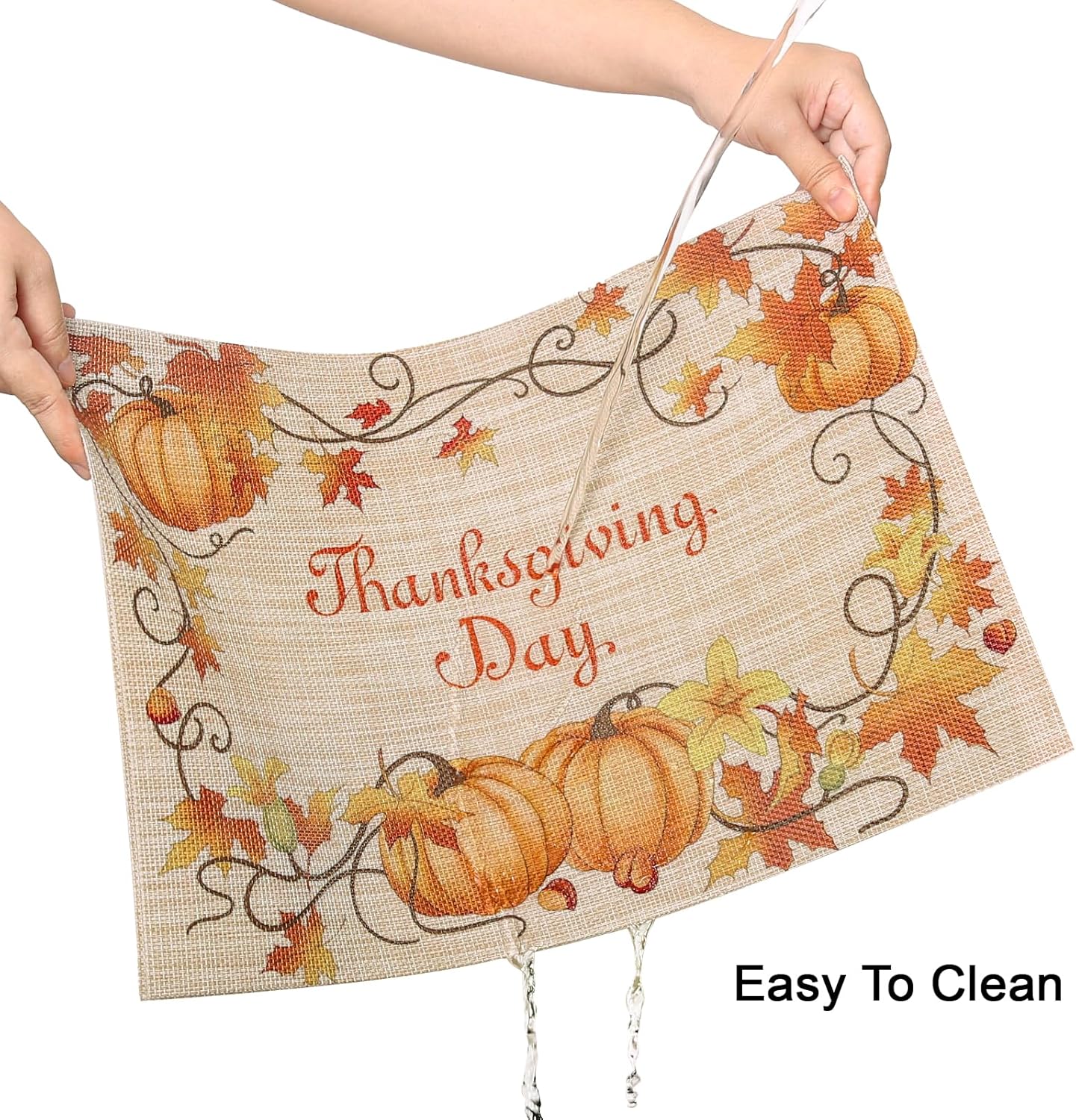 Thanksgiving Placemats Set of 6 Fall Place Mats Pumpkin Maple Leaves Table Mats Washable Non-Slip Heatproof Woven Placemats for Dining Table (17.7" X 11.8")