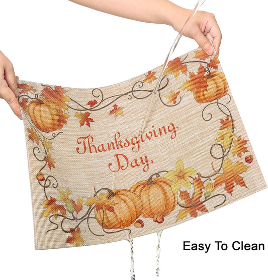Thanksgiving Placemats Set of 6 Fall Place Mats Pumpkin Maple Leaves Table Mats Washable Non-Slip Heatproof Woven Placemats for Dining Table (17.7" X 11.8")
