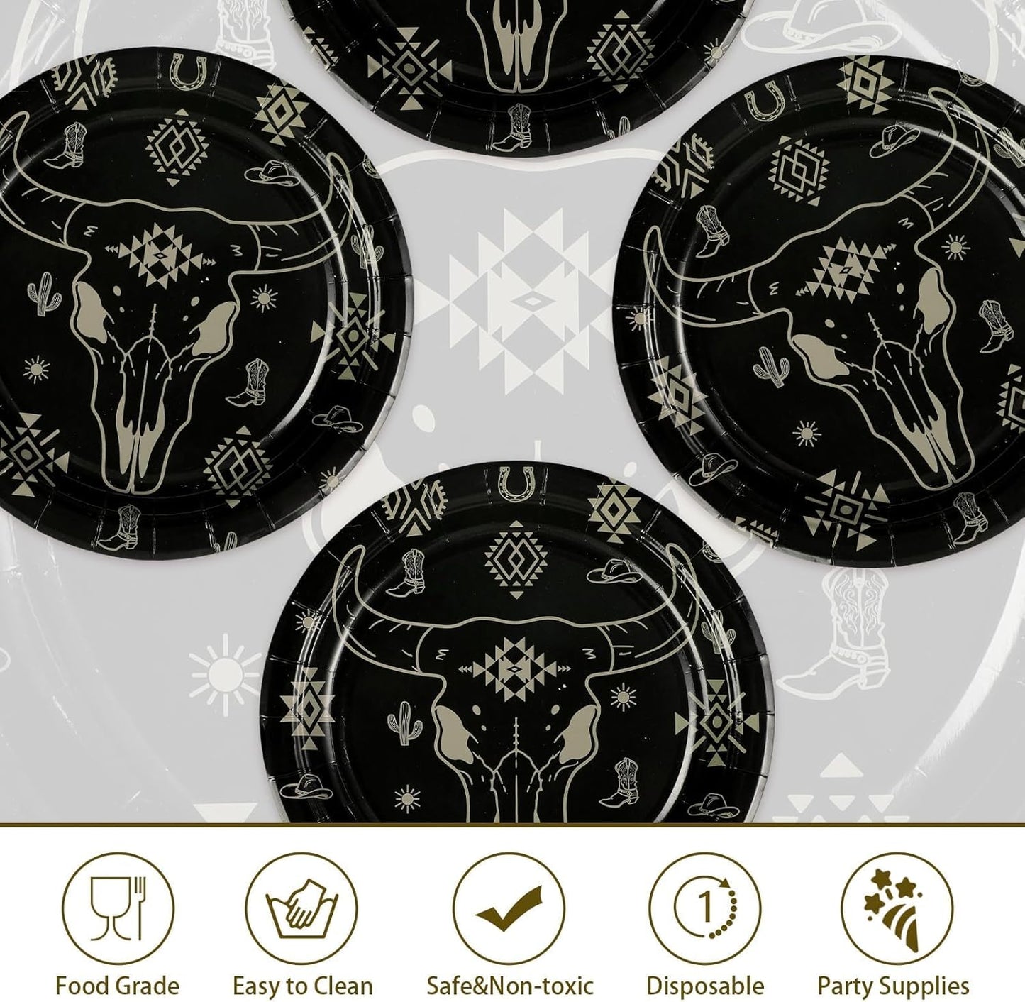 Grencian 50Pcs Bull Skull Decorations 9in Heavy Duty Disposable Western Cow Skull Desert Paper Plates For Southwestern Cowboy Party Supplies