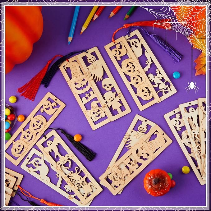 Yexiya 100 Pcs/50 Set Halloween Bookmark, DIY Wooden Bookmarks Bulk for Book Lovers, Halloween Bookmarks Decoration, Ghost Skull Witch Book Markers Art Set for Birthday Holiday Gift Art Project
