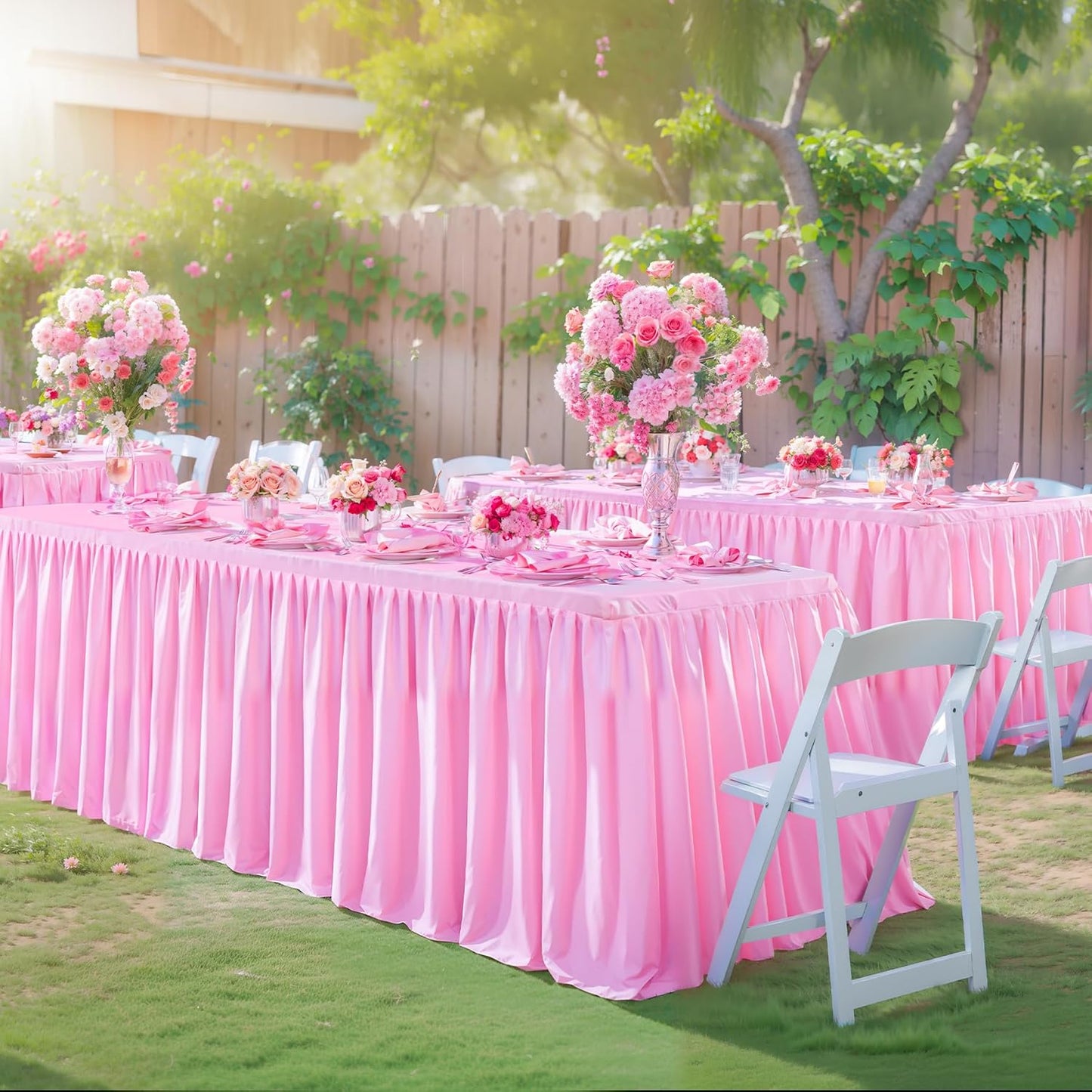 3 Pack Pink Polyester Table Clothes for 6 Foot Rectangle Tables, Wrinkle Free Fitted Table Cover with Pleated Ruffle Table Skirt for Party Baby Shower Wedding Birthday Event Display