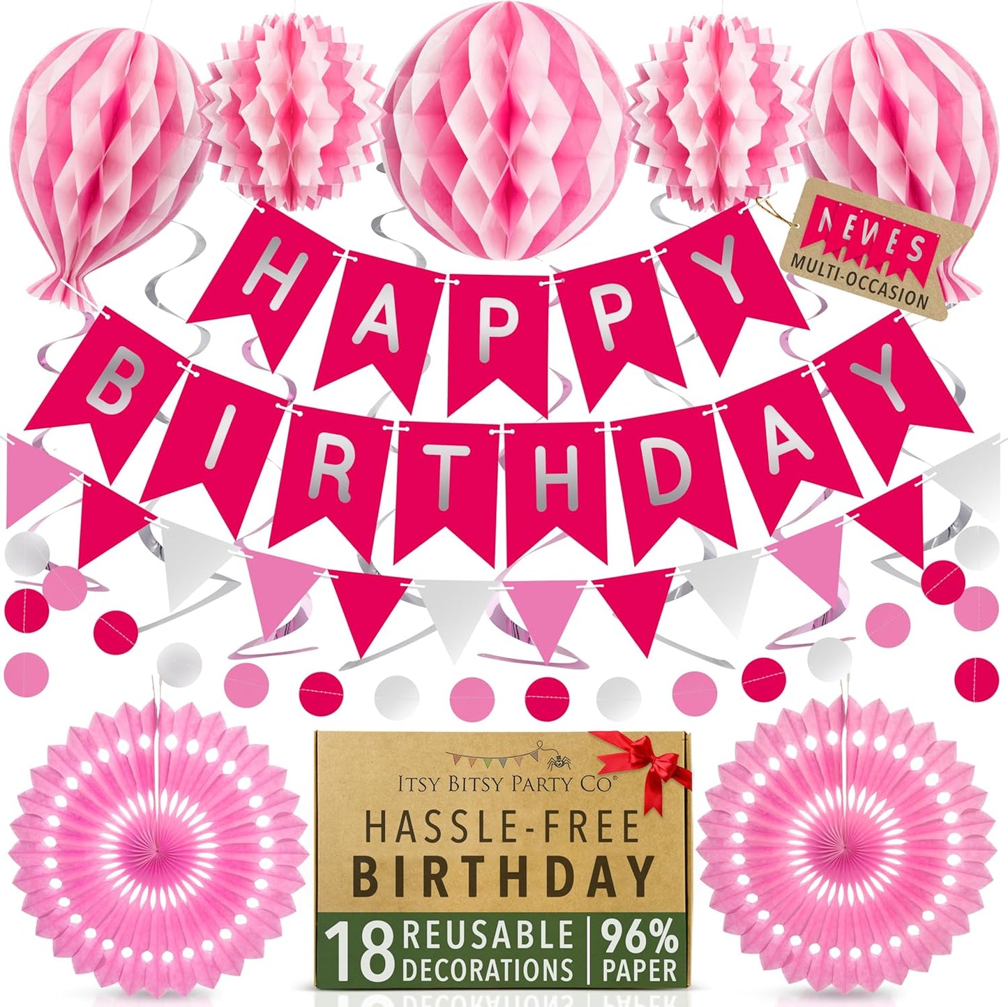 Premium Reusable Happy Birthday Decorations for Women and Girls Pink Party Decorations, Multi-occasion Banner, Pennant Banner, Paper Fans - Party Decor by Itsy Bitsy Party Co