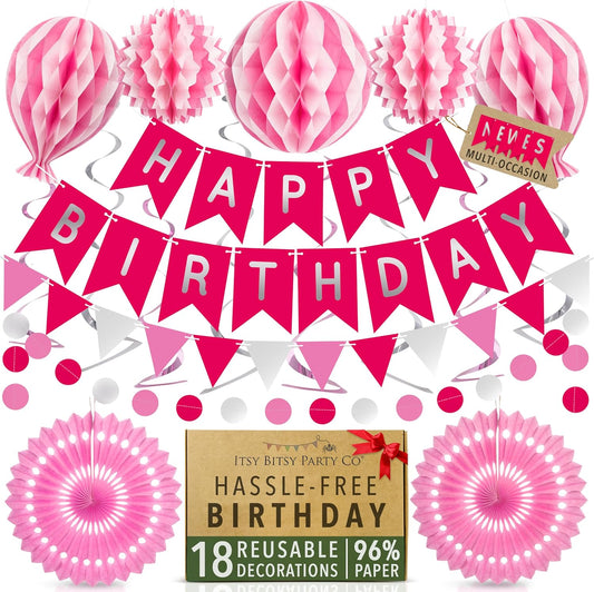 Premium Reusable Happy Birthday Decorations for Women and Girls Pink Party Decorations, Multi-occasion Banner, Pennant Banner, Paper Fans - Party Decor by Itsy Bitsy Party Co
