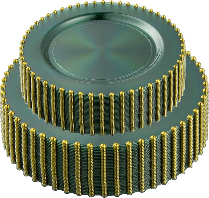 PLASTICPRO 128 Piece Combo Plastic Dinner Plates Disposable Plastic Fancy Heavy Duty Party Dishes 7 inch and 10 inch, Translucent Green and Gold Beaded