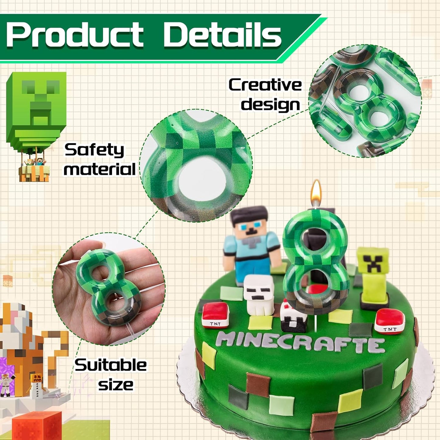 TNT Themed Birthday Cake Candle Number 8 Dynamite Themed Green Candle Birthday Party Decoration Cake Topper for Pixel Theme Birthday Party Anniversary Party Dynamite Party Video Game Party (Number 8)