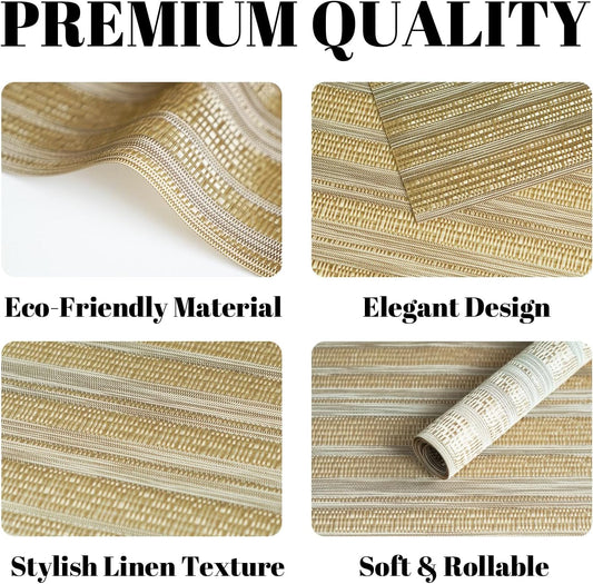 Placemats Set of 12 Vinyl/Plastic Woven Place Mats for Kitchen Table Indoor/Outdoor Washable Placemat Wipeable Dining Table Mats (Aurora Gold,12)