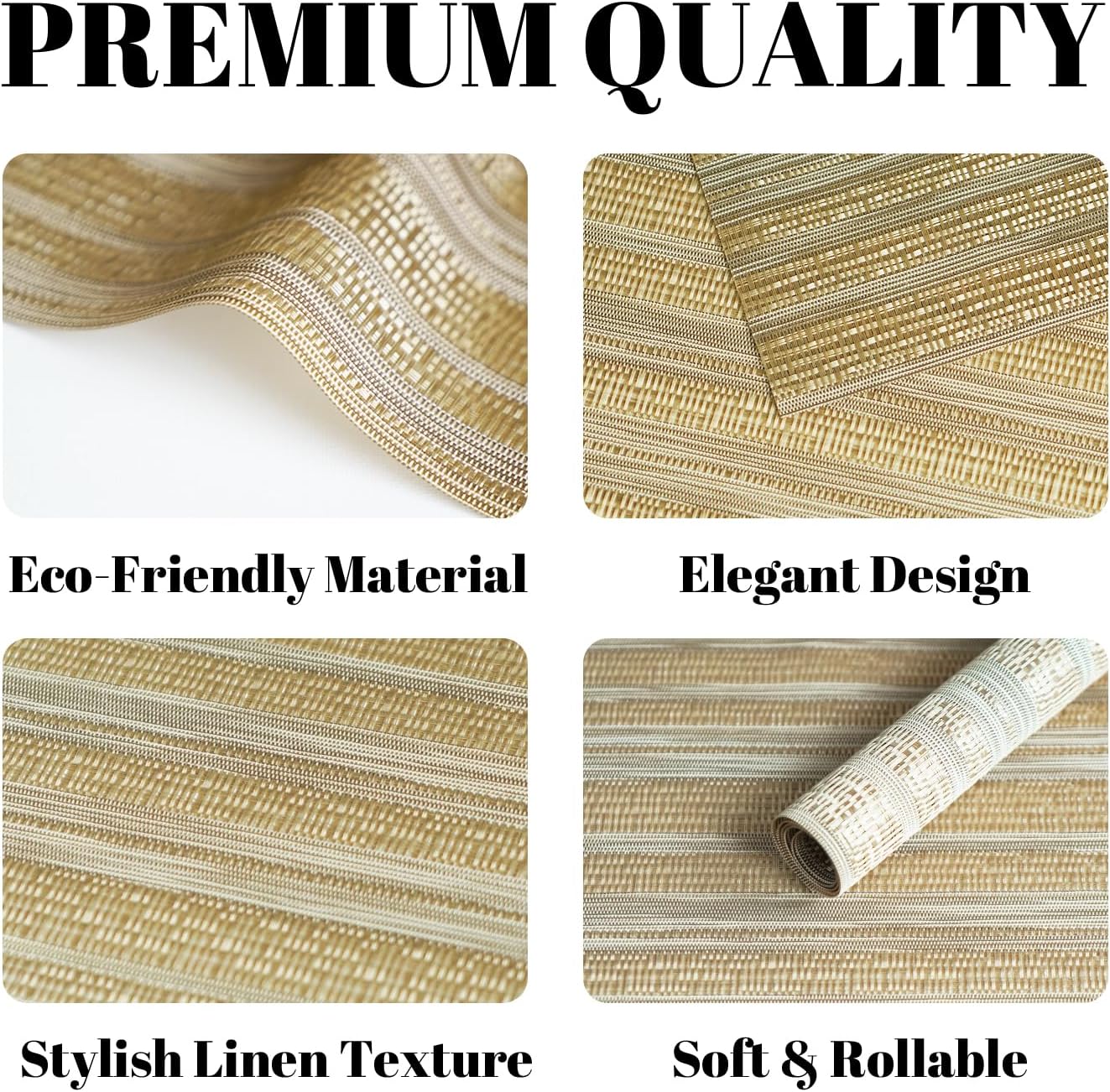 Placemats Set of 6 Vinyl/Plastic Woven Place Mats for Kitchen Table Indoor/Outdoor Washable Placemat Wipeable Dining Table Mats (Aurora Gold,6)