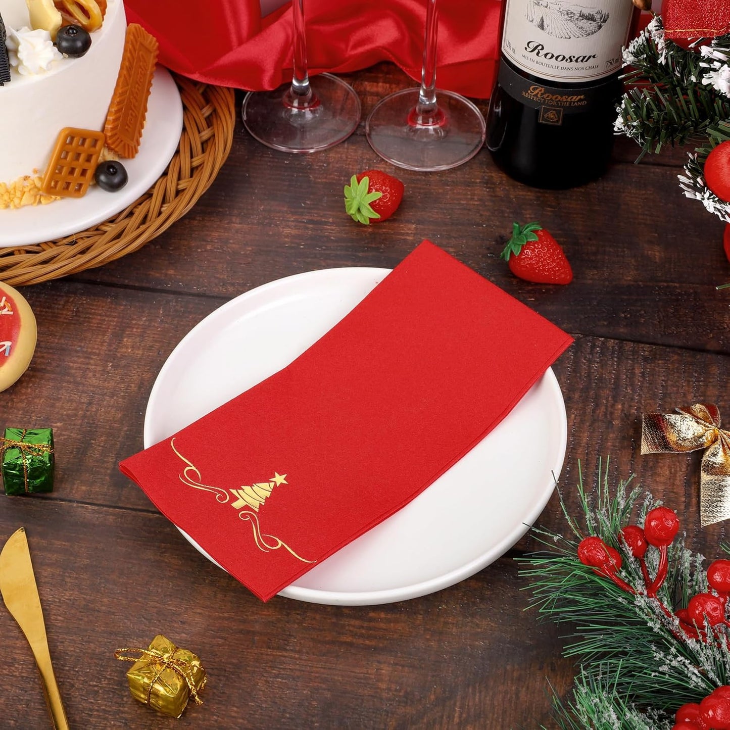 100 Pack Disposable Guest Napkins - 12 x 17 Inch Gold Foil Christmas Trees Napkins - Xmas Tree Hand Towels for Bathroom, Kitchen, Weddings, Holiday Party, Red