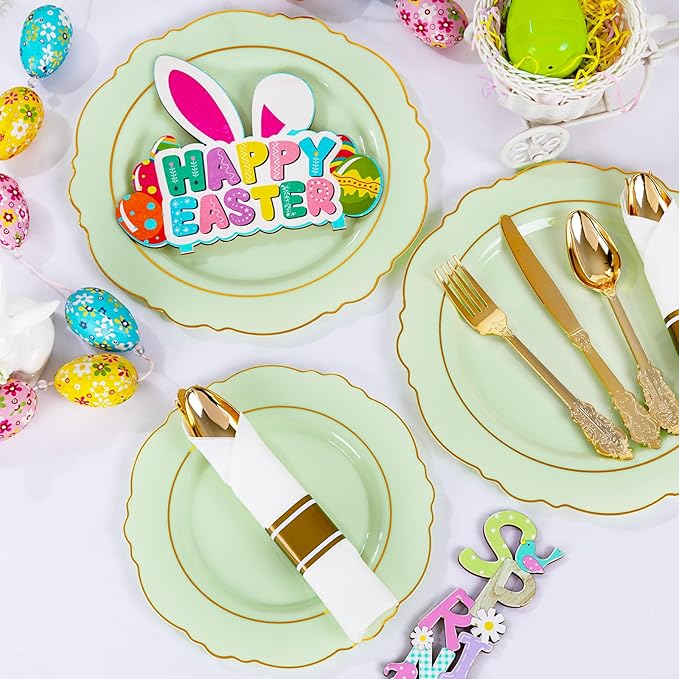 Liacere 175PCS Light Green Plates - Disposable Green and Gold - 25guest Baroque Dinnerware include 50Plates,25Pack Pre Rolled Napkins with Silverware 25Cups for Mother's Day&Easter Day