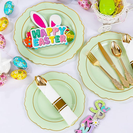Liacere 175PCS Light Green Plates - Disposable Green and Gold - 25guest Baroque Dinnerware include 50Plates,25Pack Pre Rolled Napkins with Silverware 25Cups for Mother's Day&Easter Day