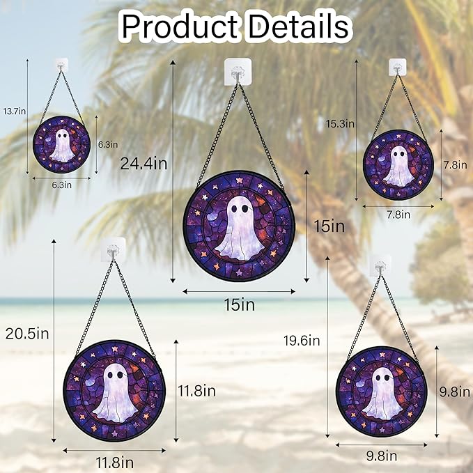Stained Glass Window Hanging - Halloween White Star Ghost Purple Starry Sky Suncatcher for Doors Garden Indoor Spooky Sun Catchers Gothic Decor Horror Gifts for Women Men Friend 15 in