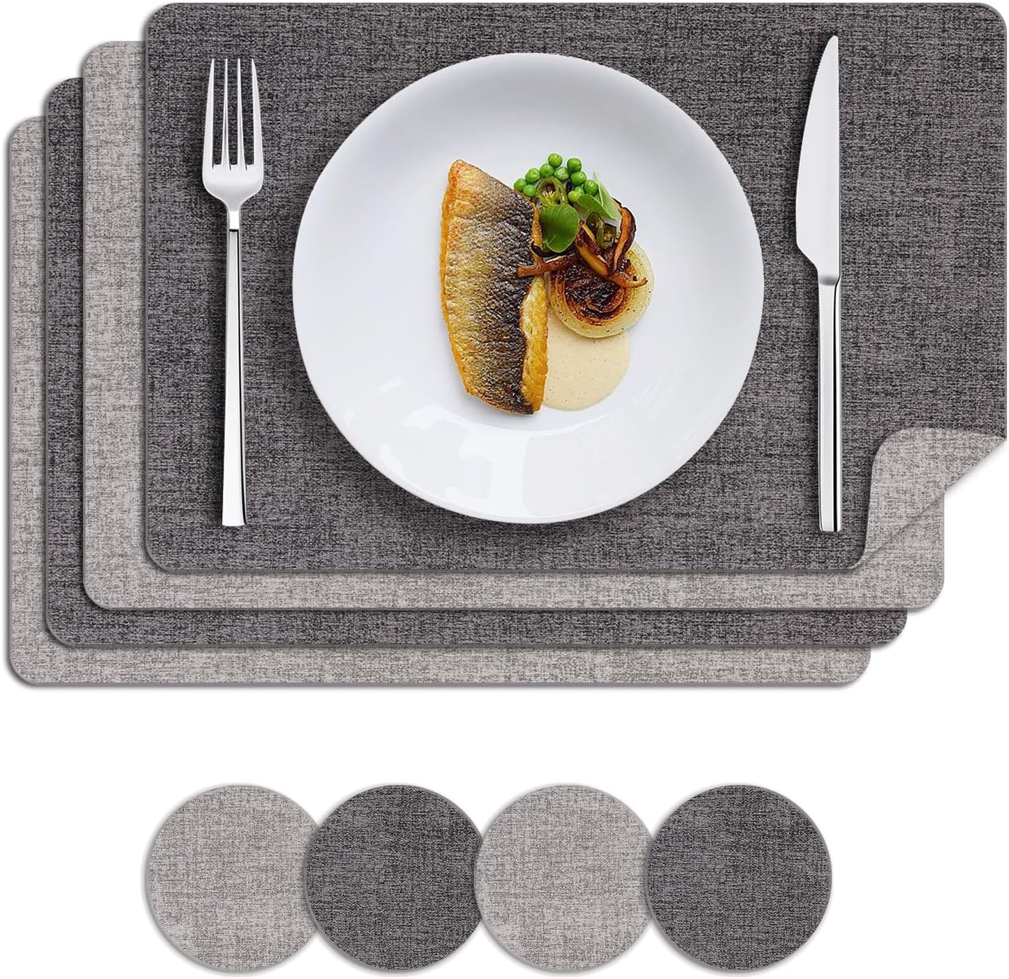 MOSAYT Placemats Set of 4, Heat Resistant Vinyl Place Mats with Coasters, Waterproof Wipeable Washable Faux Leather Table Mats for Kitchen Dining Party Indoor Outdoor, 12" x 18", Dark Light Grey