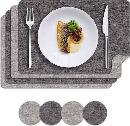 MOSAYT Placemats Set of 4, Heat Resistant Vinyl Place Mats with Coasters, Waterproof Wipeable Washable Faux Leather Table Mats for Kitchen Dining Party Indoor Outdoor, 12" x 18", Dark Light Grey