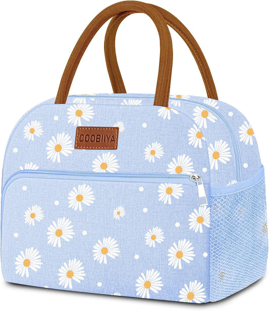 Coobiiya Lunch Bag Lunch Box for Women Men, Reusable Cute Lunchbag - Leakproof, Adult Insulated Lunch Box Tote with Large Capacity, Cooler Container for Work, Travel, Office (Blue Daisy)