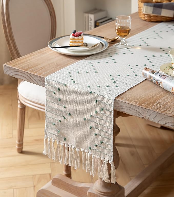 Boho Table Runner 13 x 72 Inch Long Natural Cotton Woven Runner with Tassels for Home Dining Table décor, for Modern Farmhouse Decor Coffee Table Runner, Green and Beige