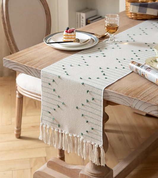 Boho Table Runner 13 x 108 Inch Long Natural Cotton Woven Runner with Tassels for Home Dining Table décor, for Modern Farmhouse Decor Coffee Table Runner, Green and Beige