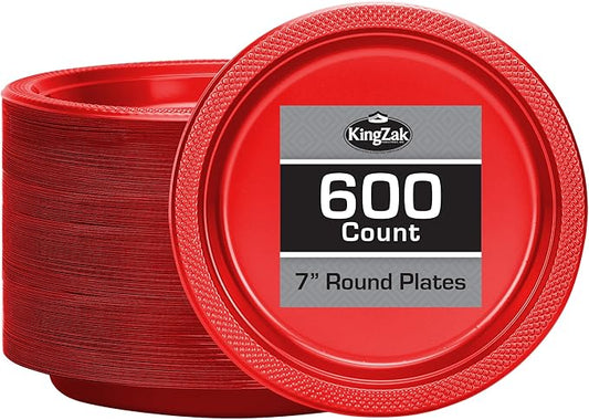 Hanna K. Signature Collection Red Plastic Plates 7 Inch - 600 count Solid Round Party For Weddings, BBQs, Birthday Disposable Dessert (84070 (case))