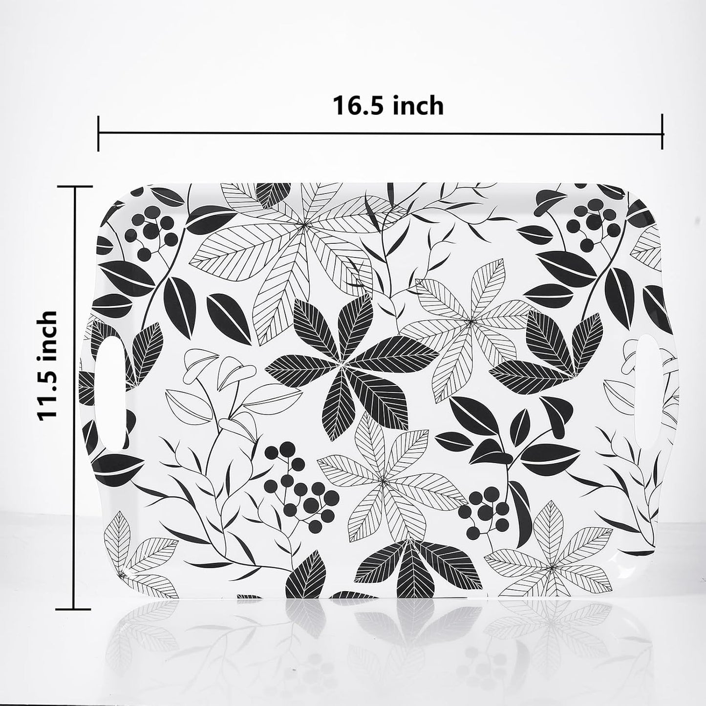 Blue Boat 16.5" x 11.5" Rectangular Melamine Serving Tray Set of 2 Black Leaves, Light Weight Easy to Clean Sturdy Stackable Serving Tray with Handle, Fruit, Snacks, and Desserts Trays, TV Trays