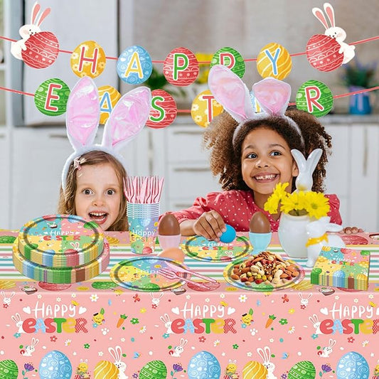 98PCS Easter Party Supplies Happy Easter Paper Plates and Napkins Colorful Easter Bunny Egg Tableware Set Spring Easter Party Decorations Easter Holiday Party Disposable Dinnerware Set for 16 Guests