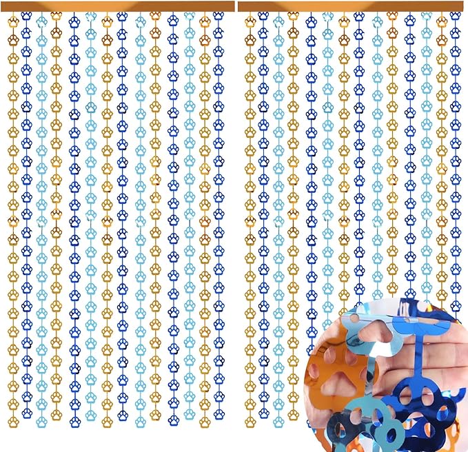 Blue Orange Party Decorations - 2 Packs Dog Paw Foil Fringe Streamers Curtains for Boys Girls Birthday Backdrop Decorations, Photo Booth Prop (3.3x6.6 ft)