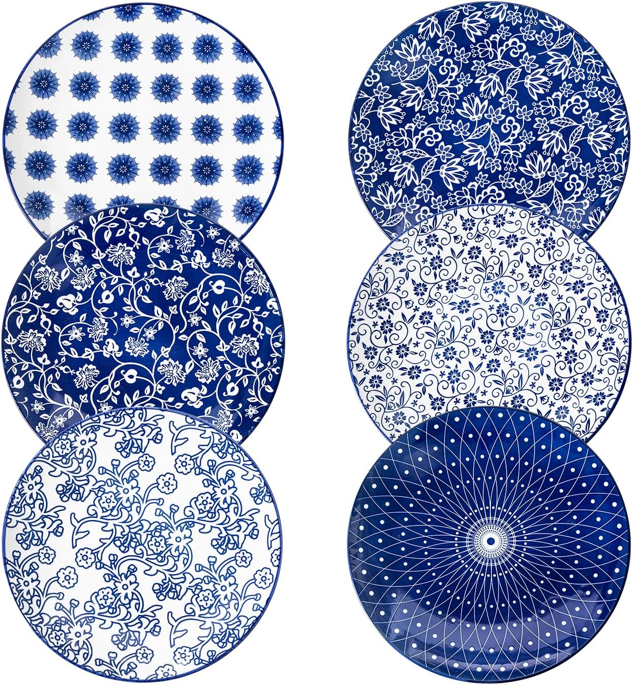 Ceramic Dinner Plates Set - 10.5 Inch Large Kitchen Porcelain Salad Serving Plate for Pasta Steak Pizza Pancakes - Scratch Resistant Dishwasher Oven Microwave Safe - Set of 6 - Vintage Blue