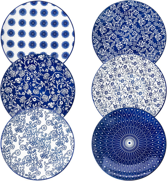 Ceramic Dinner Plates Set - 10.5 Inch Large Kitchen Porcelain Salad Serving Plate for Pasta Steak Pizza Pancakes - Scratch Resistant Dishwasher Oven Microwave Safe - Set of 6 - Vintage Blue