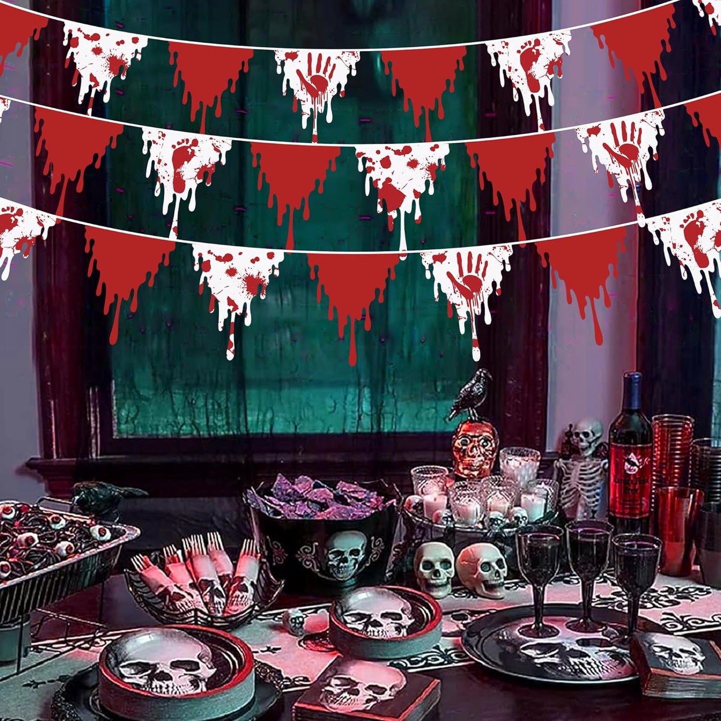 30Ft Halloween Party Decorations Red Bloody Handprint Footprint Triangle Flag Banner Fabric Pennant Garland Streamers for Happy Halloween Scary Zombie Vampire Horror Birthday Outdoor Garden Decor