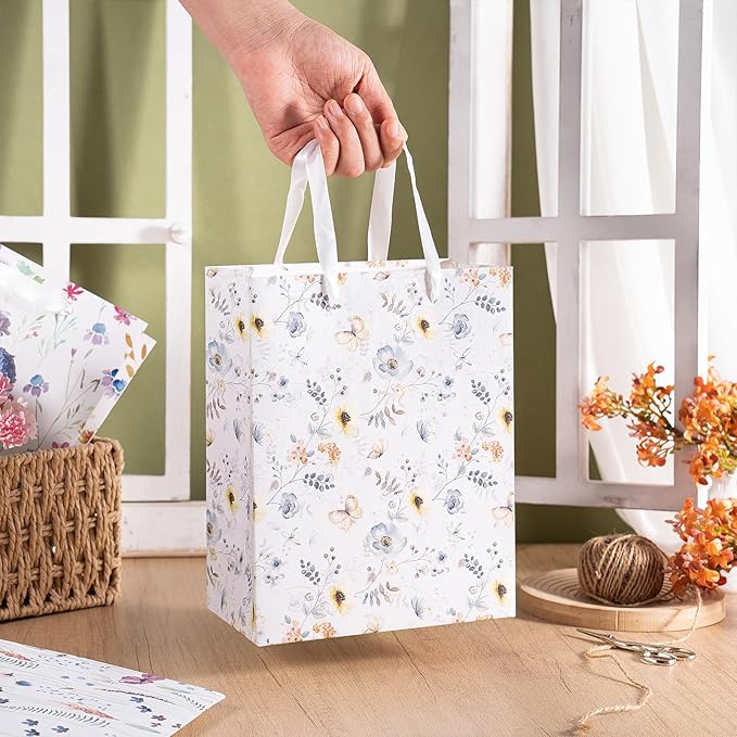 Loveinside Medium Size Gift Bags, Colorful Flower Pattern Gift Bag with Tissue Paper for Shopping, Parties, Wedding, Baby Shower, Craft-4 Pack, 7" X 4" X 9"
