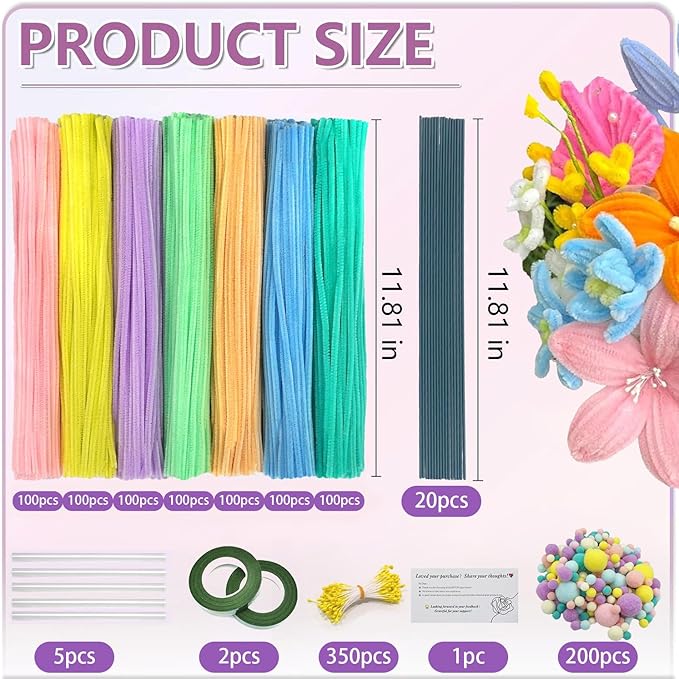 620 Pieces Pipe Cleaners Craft Set, 600 Pcs Pastel Chenille Stems with 20 Pcs Flower Stems, Craft Supplies Bulk for DIY Art and Craft Projects Creative Gift Wrapping Party Decorations(Macaron Series)