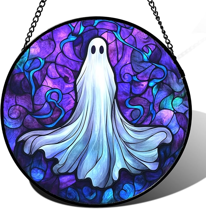 Stained Glass Window Hanging - Halloween Decoration Fantasy Ghost Suncatcher for Door Garden Spooky Blue Purple Sun Catchers Gothic Decor Horror Gifts for Women Men Friend Boy Girl 11.8 in