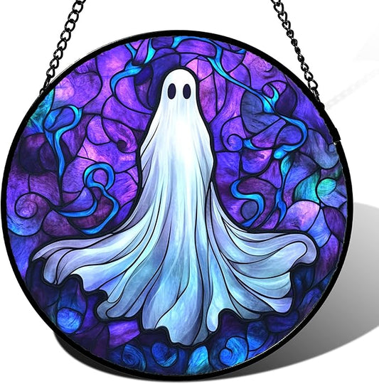 Stained Glass Window Hanging - Halloween Decoration Fantasy Ghost Suncatcher for Door Garden Spooky Blue Purple Sun Catchers Gothic Decor Horror Gifts for Women Men Friend Boy Girl 11.8 in