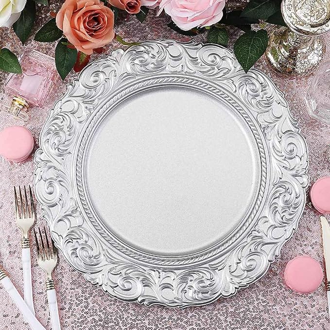 Efavormart Set of 6 SILVER 14" Round Plastic Charger Plates With Engraved Baroque Design Rim For Wedding Party Events