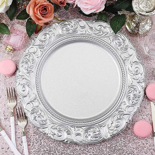 Efavormart Set of 6 SILVER 14" Round Plastic Charger Plates With Engraved Baroque Design Rim For Wedding Party Events