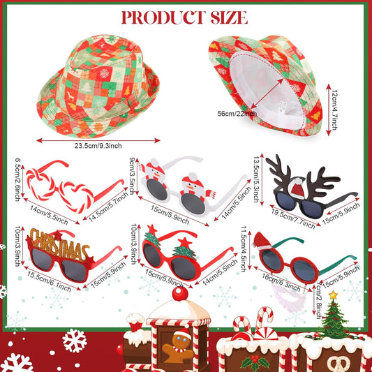 12pcs Christmas Photo Booth Prop, 6pcs Fedora Hats, 6pcs Party Sunglasses for Adult, Teen, Ugly Sweater Hat, Funny Glasses, Merry Xmas Carnival Party Costume Prop