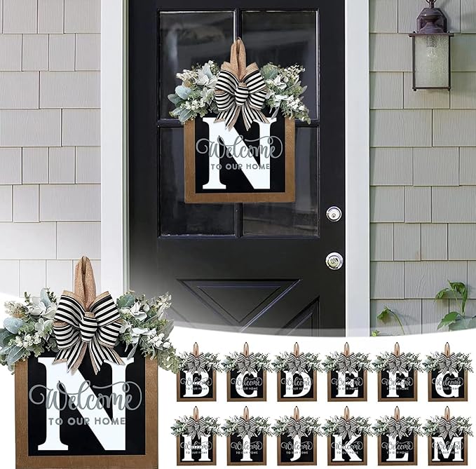 Last Name Year Round Front Door Wreath Front Porch Decoration 26 Letter Welcome Sign with Eucalyptus Garland and Bow Spring Wreaths for Front Door Outside Hanger Garland (N)