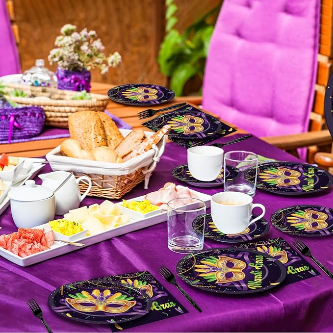 OBUSATT 96Pcs Mardi Gras Party Supplies Mardi Gras Paper Plates Napkins Forks Black Masquerade Mask Dinnerware Disposable New Orleans Party Decorations MardiGrass Tableware Serves 24