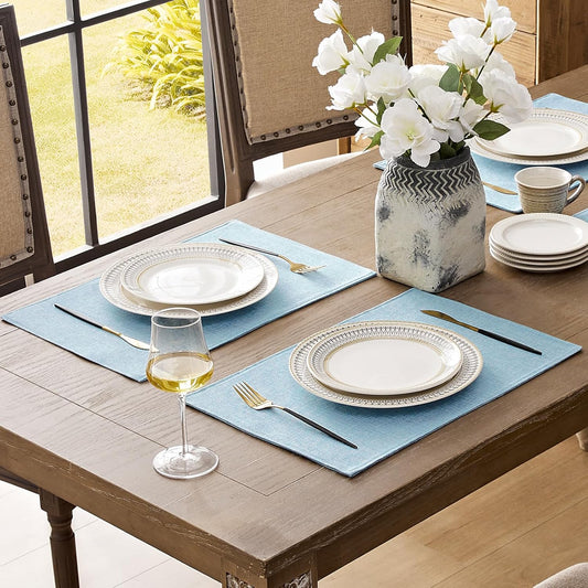 Romanstile Cloth Placemats Set of 8-12 x 18 Inch, Heat Resistant Double Layered Thickened Burlap Place Mats, Washable Faux Linen Farmhouse Table Mats for Kitchen/Dining/Party/Outdoor, Blue