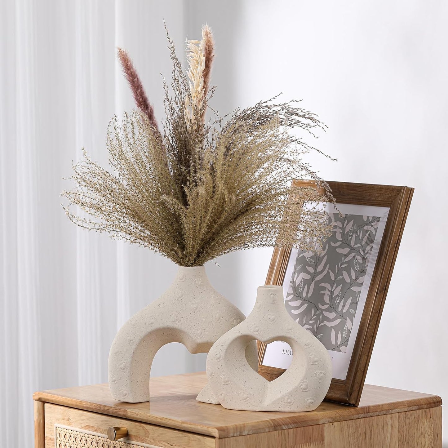 White Ceramic Vases Set of 2, Modern Boho Minimalist Decorative Flower Vase for Living Room, Bedroom, Coffee Table, Office, Centerpiece Gift for Women & Moms