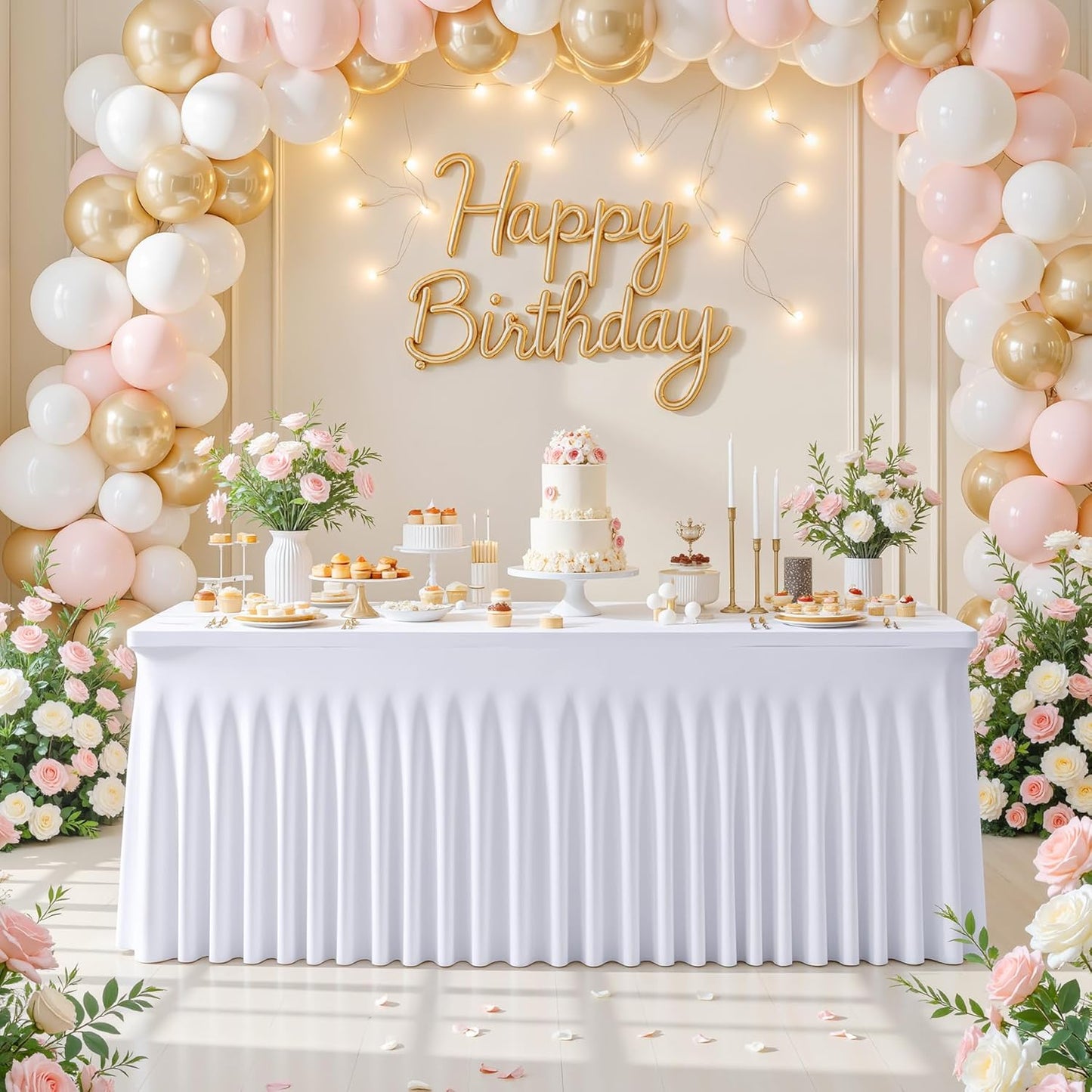 Besutolife White Spandex Tablecloth with Skirt for 8ft Rectangle Tables - Wrinkle-Resistant, Stretchable, Machine Washable - Perfect for Weddings, Banquets, Birthday Parties, and Events