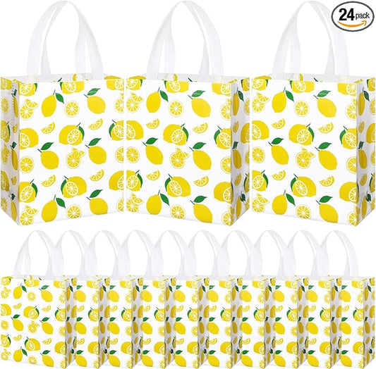 Supervitae 24 Pack Yellow Lemon Gift Bags Medium Goodie Summer Fruit Party Favor Bags Reusable Non Woven Totes for Lemon Birthday Wedding Baby Shower Party Family Holiday Travel(9.8" x 7.9" x 3.9")