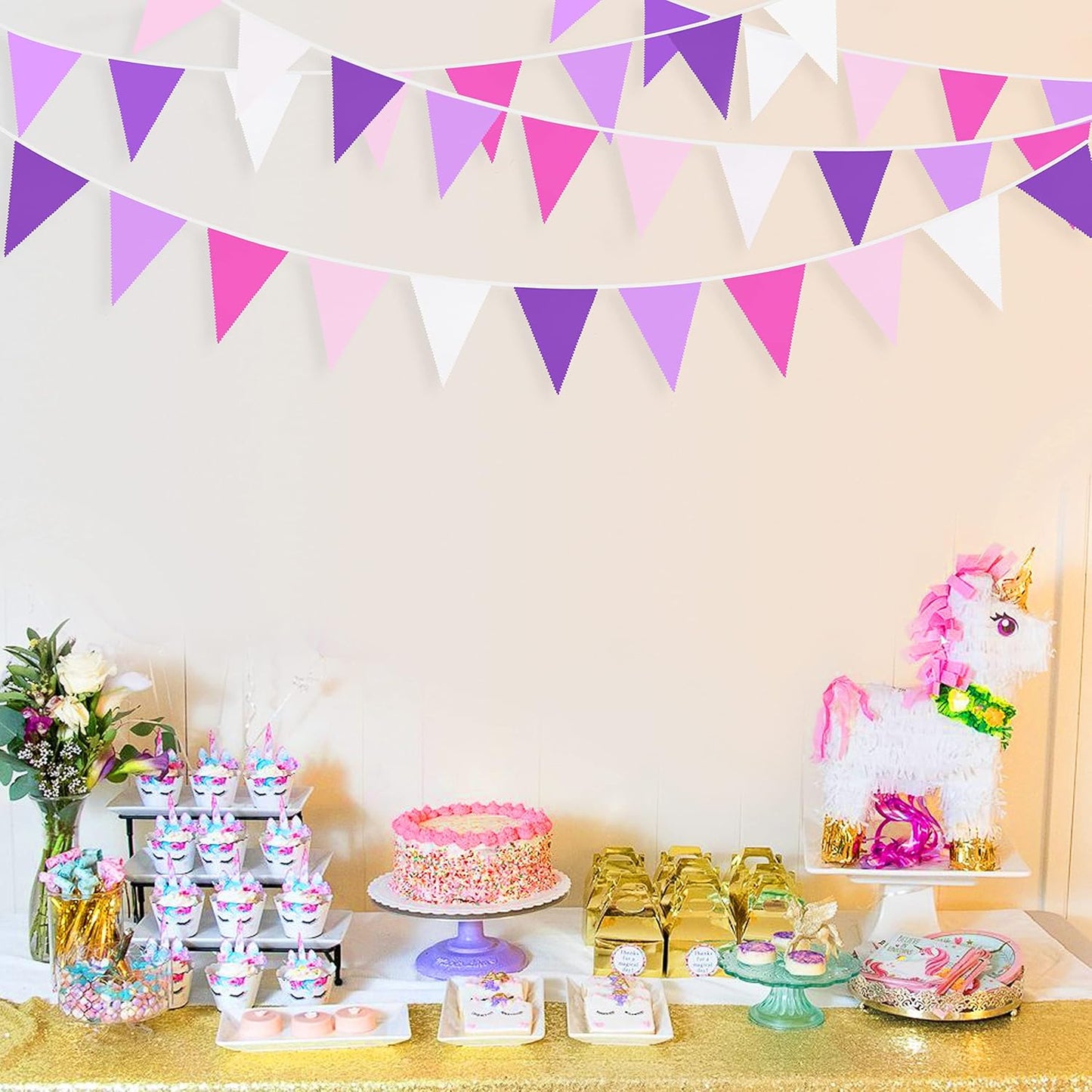 10M/32Ft Rose Pink Purple White Pennant Banner Fabric Triangle Flag Bunting Garland for Baby Shower Birthday Wedding Anniversary Party Home Nursery Outdoor Garden Hanging Festivals Decorations