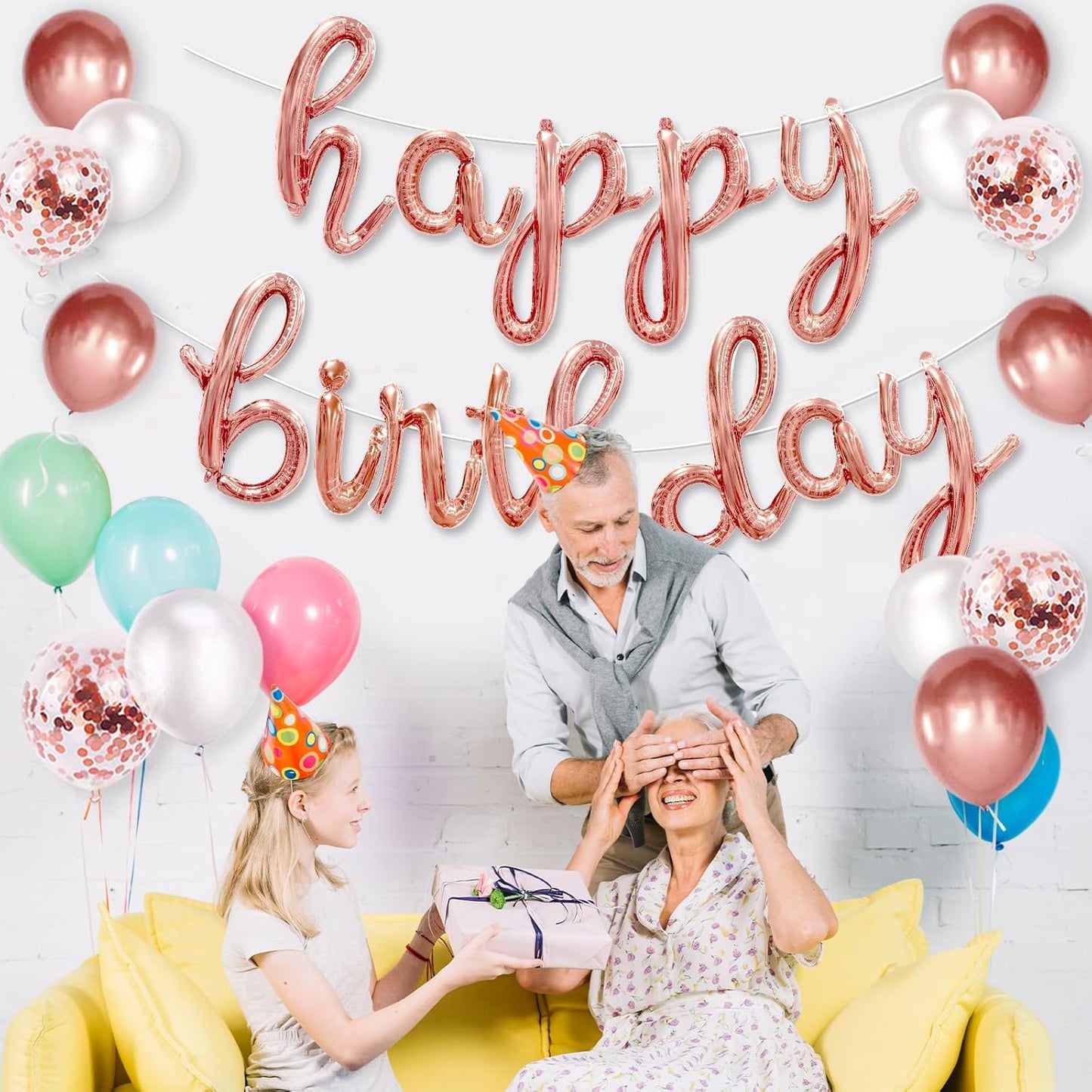 Rose Gold Happy Birthday Balloons Banner, 25 pcs Cursive Letters Balloons Sign with Latex Balloons, Pink Happy Birthday Banner, Rose Gold Happy Birthday Party Decorations for Women Gril Birthday Decor