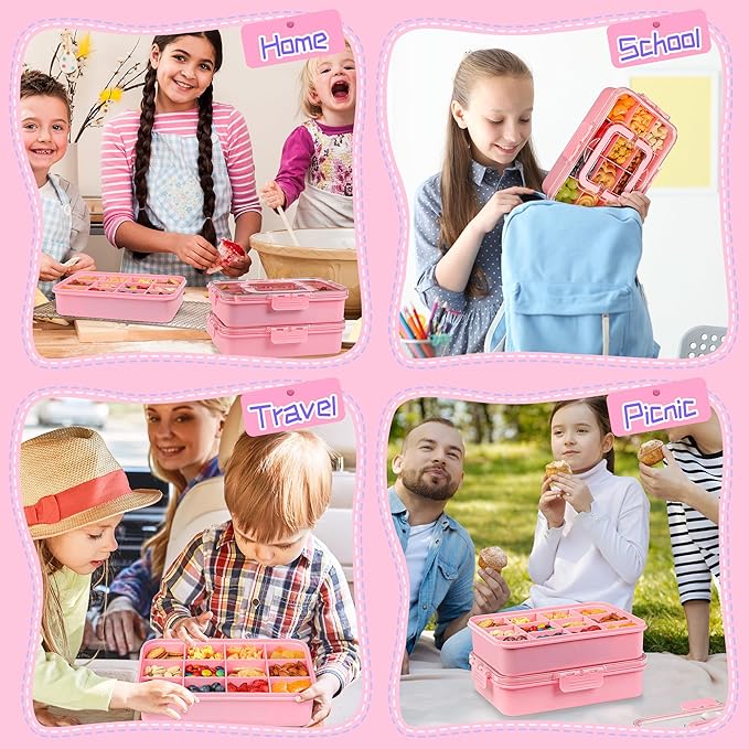 Snack Box Container for Kids - Adjustable 12-Compartment Snack Containers, Reusable Bento Box, Dishwasher Safe, BPA-Free, Perfect for School, Travel, Camping & Picnic, Pink