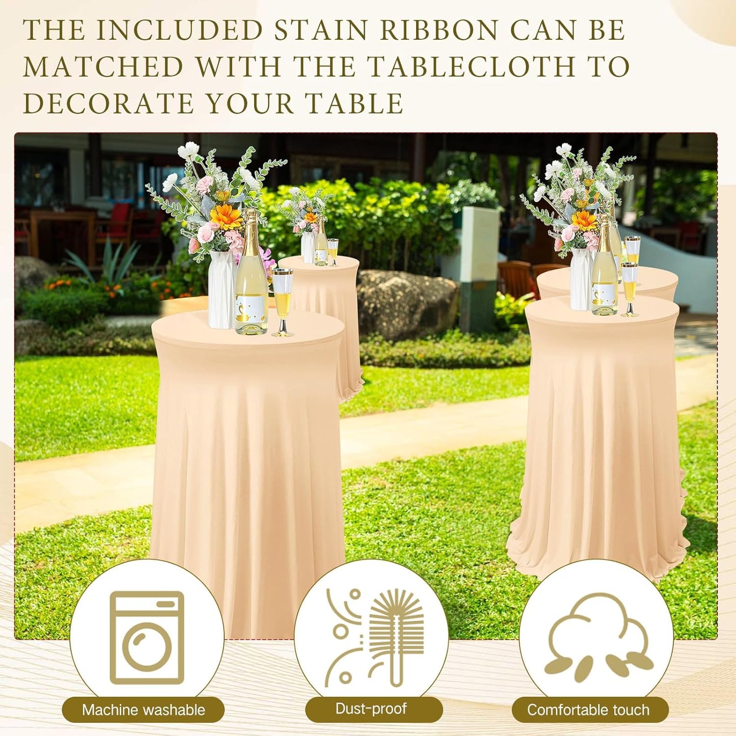 Tegeme 1 Pack 32 x 43 Inch Round Spandex Cocktail Tablecloths with Skirt Cocktail Round Table Cover Spandex Stretch Tablecloth for Fitted High Top Table Bar Wedding Party Banquet (Champagne)