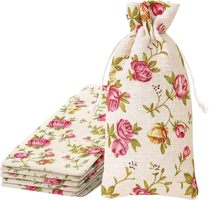 Mandala Crafts 16X20 Inch Rose Burlap Drawstring Gift Bags for Favors - 10 Large Floral Linen Sacks Gift Pouches for Candy, Coffee, Jewelry, Wedding, and Party Supplies