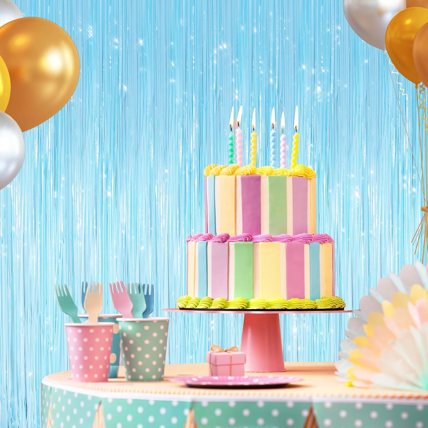 2 Pack Macaron Light Blue Metallic Tinsel Foil Fringe Curtains, Door Streamers Photo Booth Backdrop for Birthday Party, Tinsel Curtain Backdrop for Baby Shower Bachelorette Christmas Party Decorations
