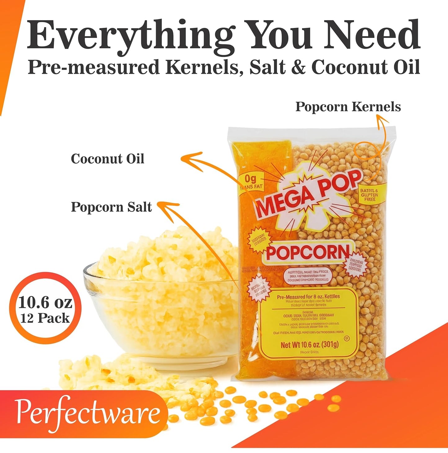 Perfectware Movie Theater Style Popcorn Portion Packs, 10.6 Ounce, 12 Count